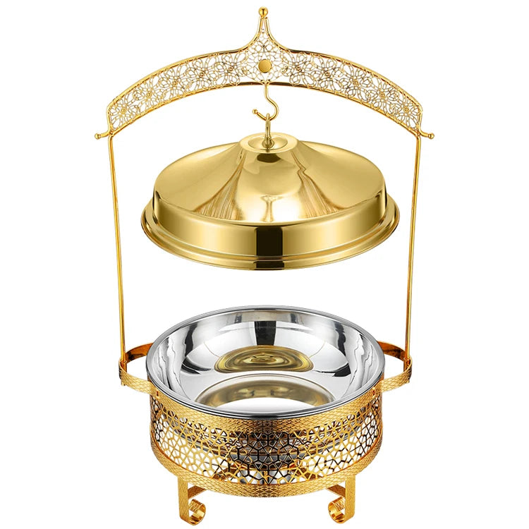 Luxury Golden Arabic Chefing Dish Buffet Food Warmer Round 6L 9L Gold Stainless Steel Chafing Dish with Hanging Lid