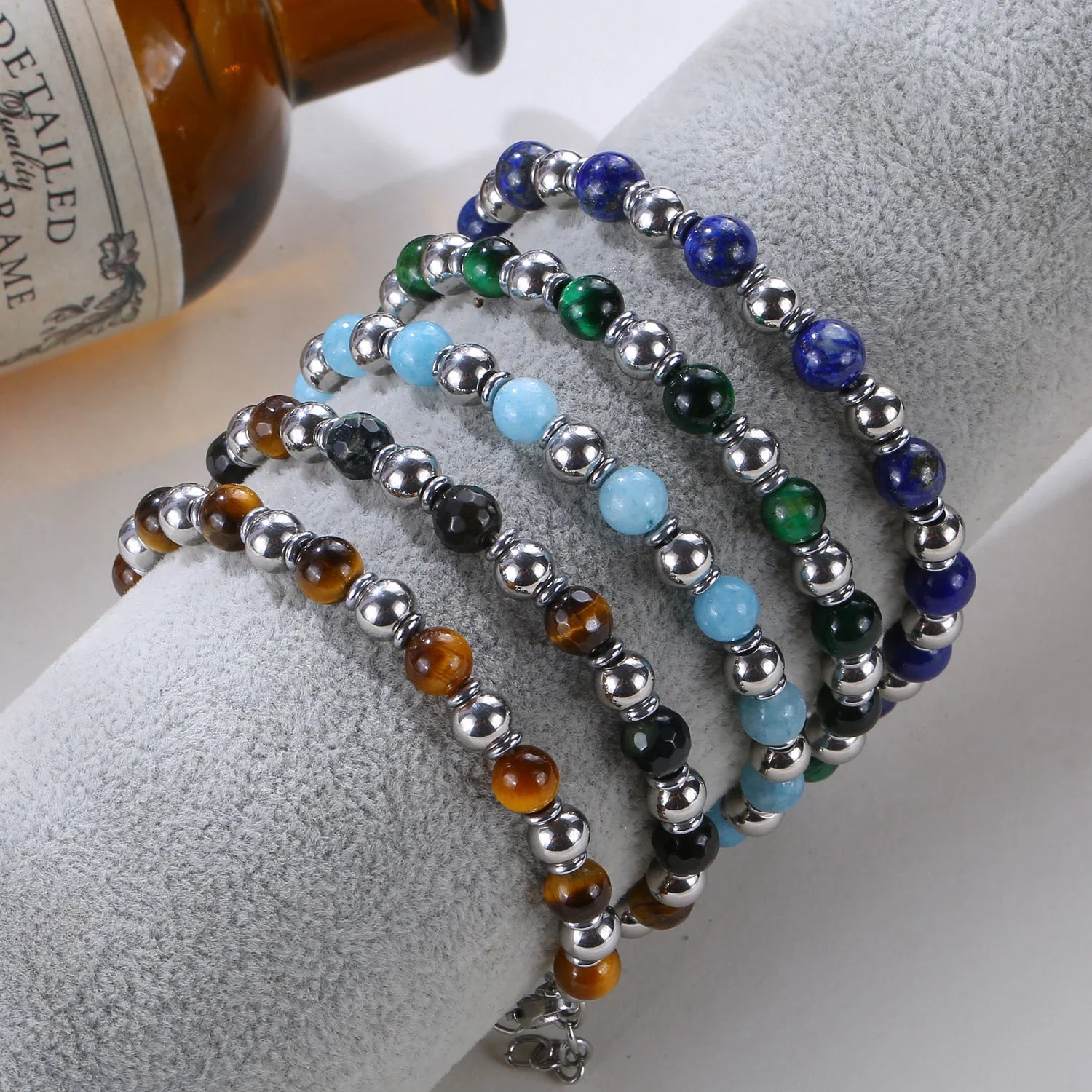 Luxury Natural Stone Bead Bracelet Healing Crystal Stainless Steel Jewelry Agate Lava Handmade Gemstone Bracelet