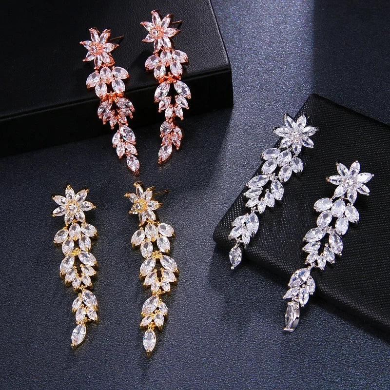 2022 Luxury Flower Long Tassel Earring Elegant Women Exquisite Bling Cubic Zirconia Bridal Drop Earrings Female Wedding Jewelry