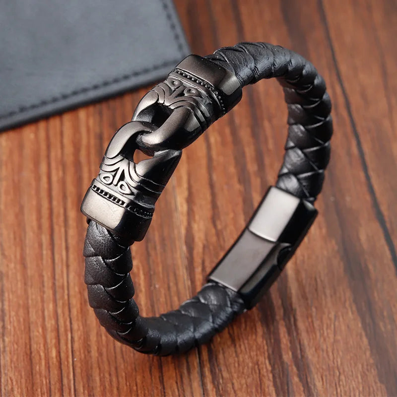 Male Punk Style Jewelry Leather Bracelet Bangle Pvd Black Stainless Steel Magnetic Clasp Leather Wristband Bracelet for Men