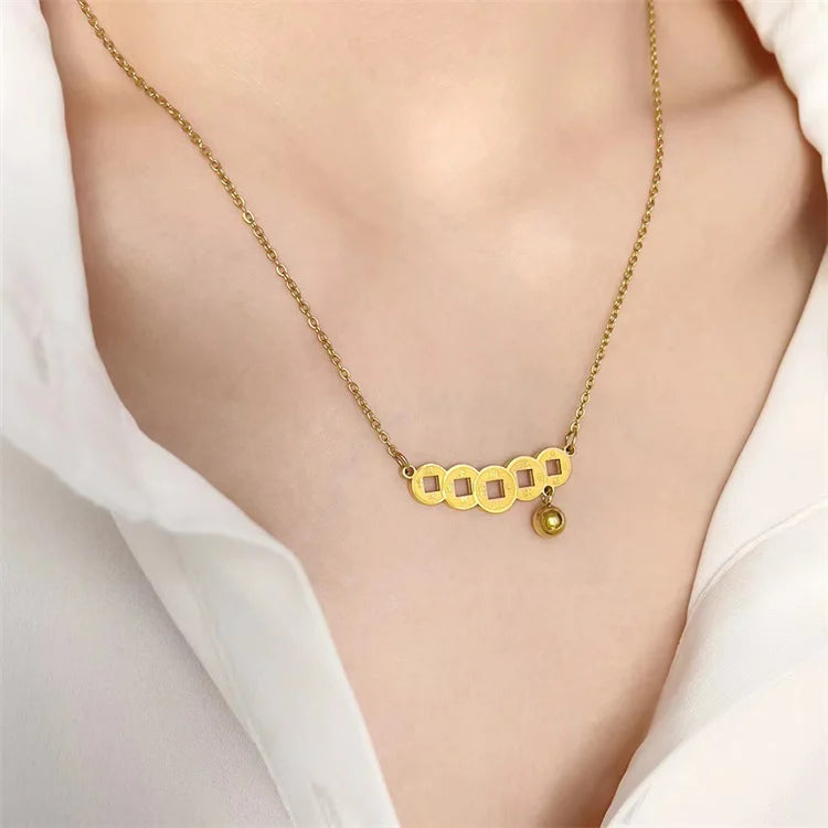 Wholesale No Fade Ethnic Style Fashion Jewelry Women Titanium Steel Simple Ball Copper Coins Necklaces