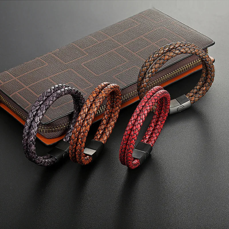 Factory Wholesale Spot Sales Double Layer Braided Leather Wristband Bracelet Men's Fashion Genuine Leather Cuff Bracelet