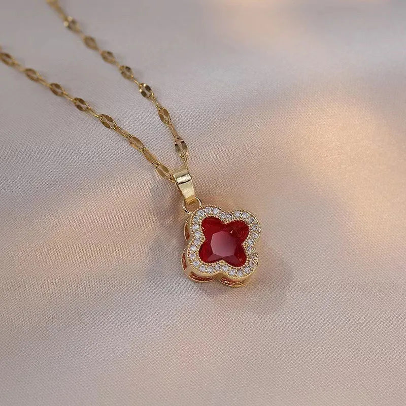 New Arrival Women's Fashion Stainless Steel Necklace Black White Red with Zircon Four Leaf Petal Trendy Link Chain Flower Shape