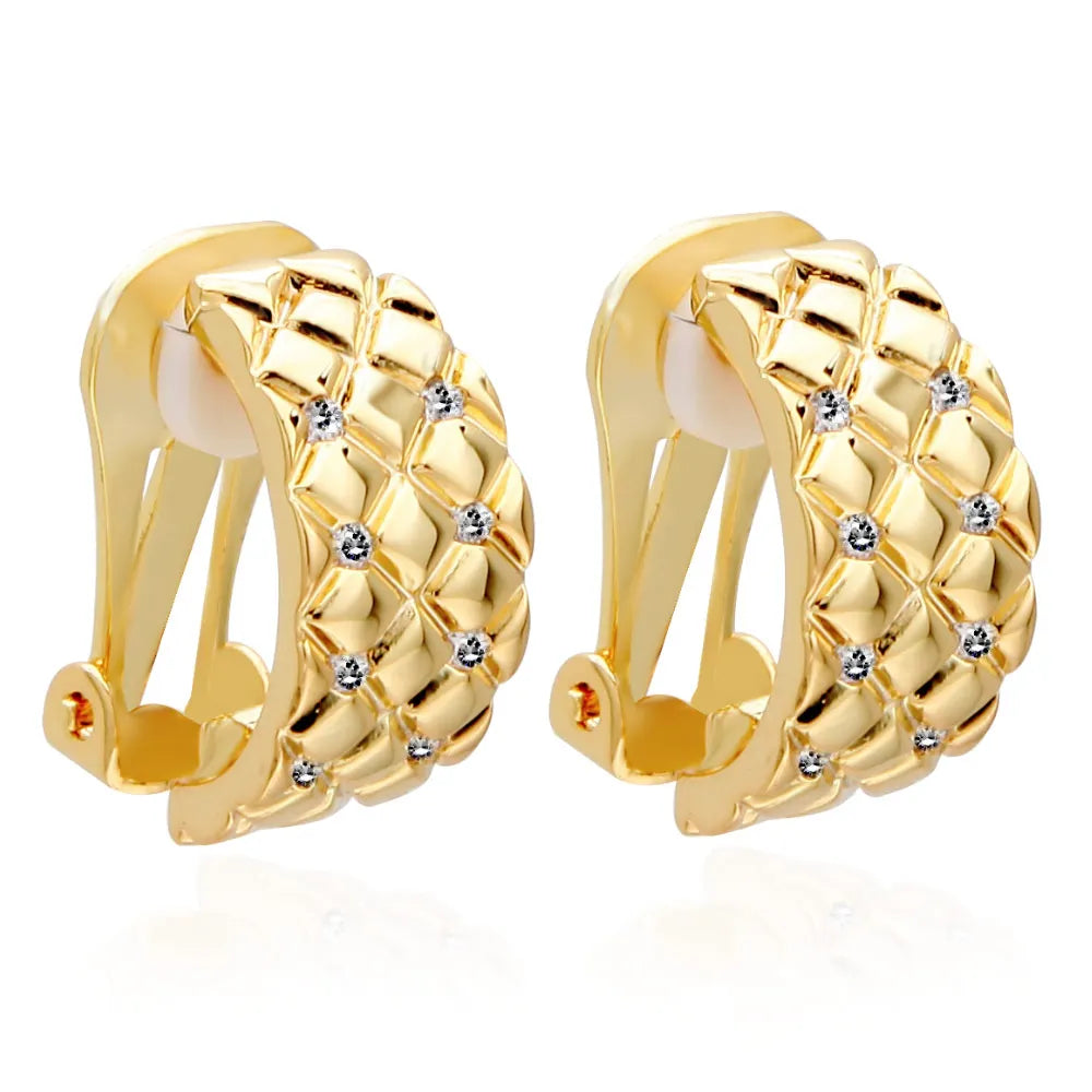 Factory direct grid pattern luxury zircon crystal non pierced ear clip gold color earings wedding gifts boucle oreille