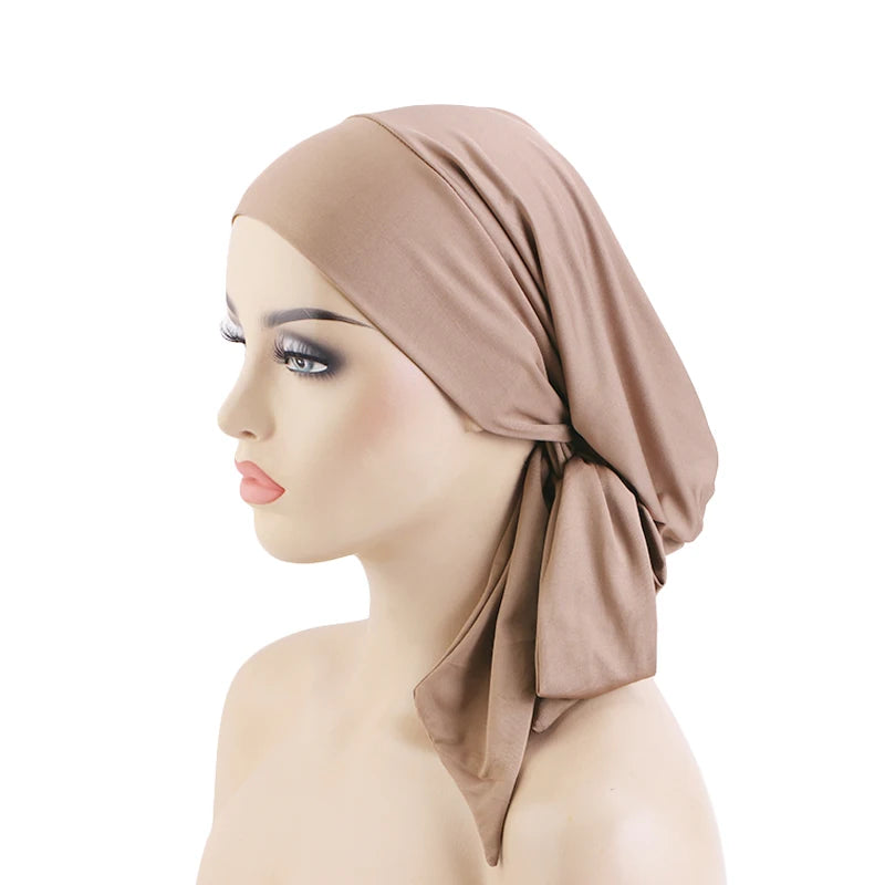 Stretchy Muslim Hijab Head Wrap Polyester Cancer Chemo Hat Wide Band Head Scarf Pre-tie Turban Hats Women