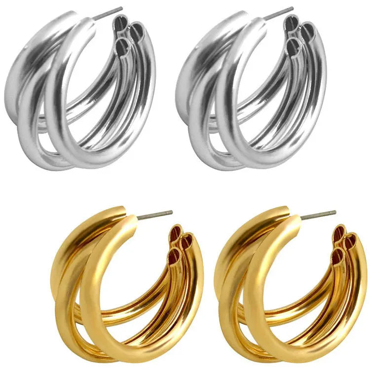 Korean Multilayer Geometric C Shaped Stud Earrings Women Girls Fashion Three Layers Round Tube Hoop Earrings for Non Pierced Ear