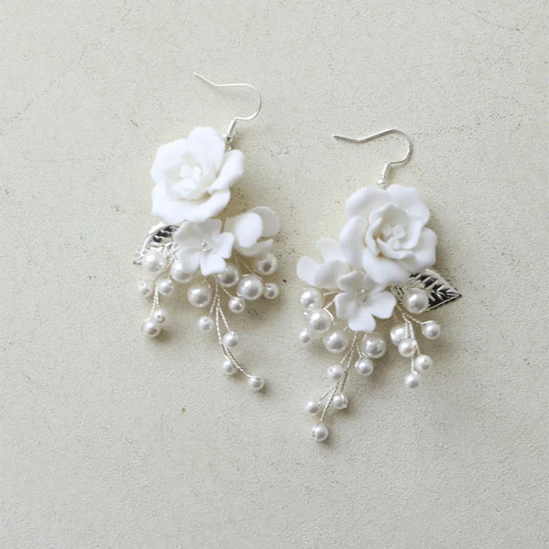 SLBRIDAL Handmade Rhinestones Crystals Pearl Ceram Flower Bridal Dangle Earring Wedding Chandelier Earring Fashion Women Jewelry
