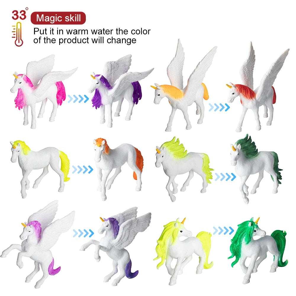 Factory OEM Unique Color Changing Unicorn Figurine Toys Plastic Animal Flying Horse Model Toy Color Change PVC Figurine Toys