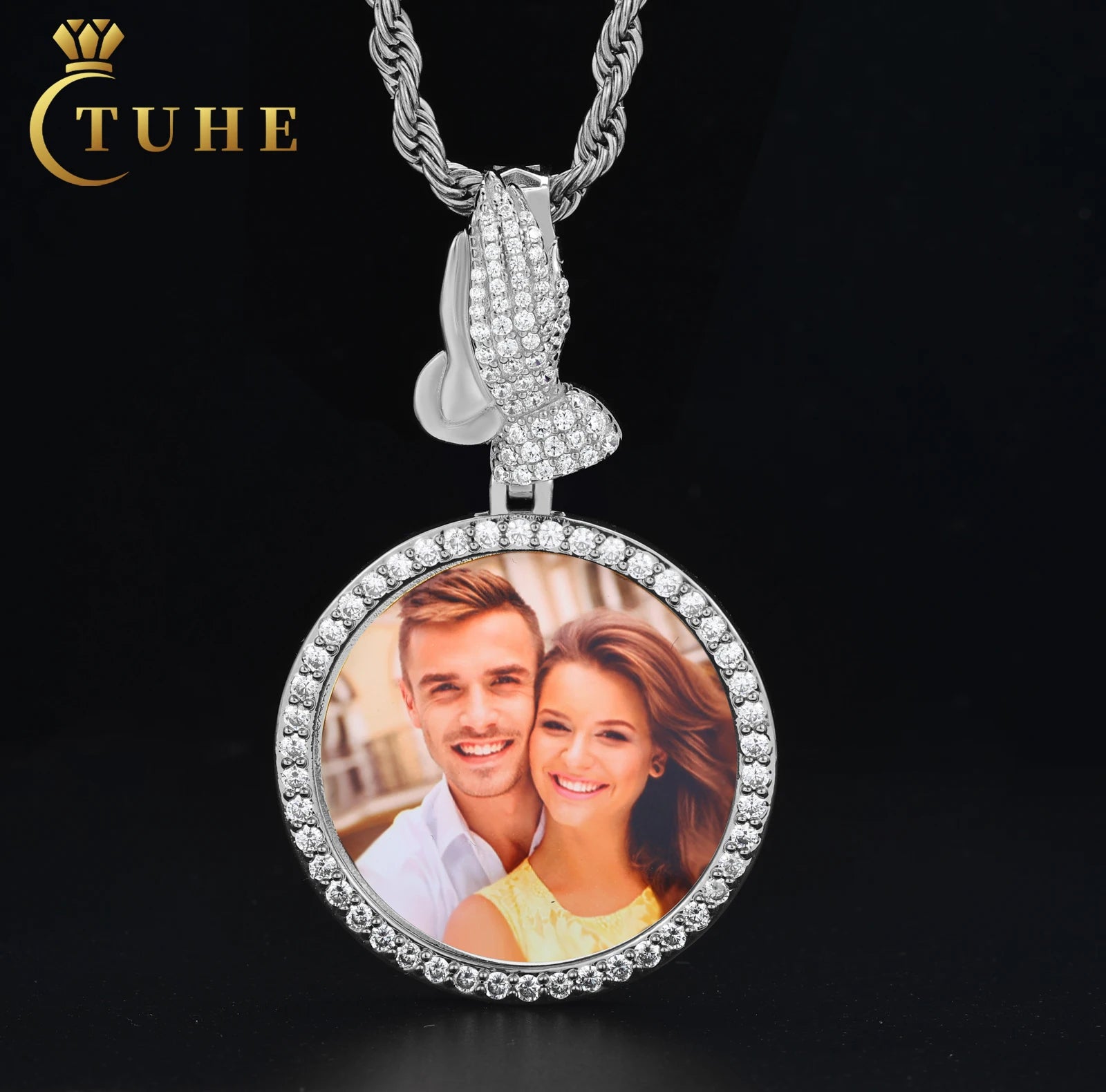 Pray Hand Buckle RIP Memory Jewelry Picture Necklace 35mm 925 Silver VVS Moissanite Diamond Iced Out Custom Photo Pendant
