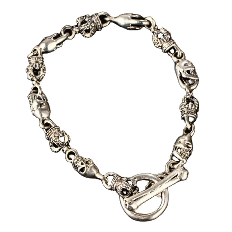 S925 Sterling Silver Vintage Crown Skull Bracelet for Men Retro Punk Rock Hip Hop Couples Skeleton Hiphop Rock Jewelry