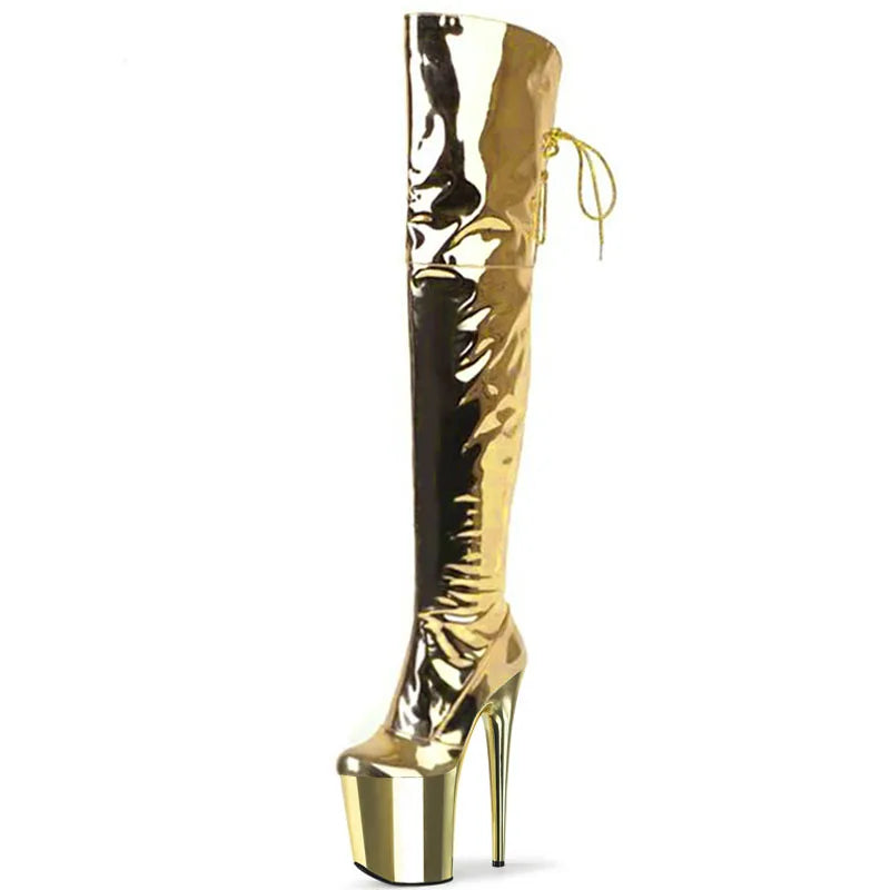 20cm High Heels Platform Knee Black Buckle Narrow Band Pu Lady Shoes 8 Inch White Stripper Club New Gothic Shoes Women Boot