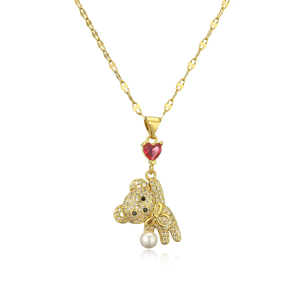 Cute Wind Copper Plated Gold Zircon Bear Pendant Necklace Female Niche Personality Collarbone Chain