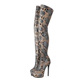 Big Size 48 Fashion Snakeskin Print Women Over Knee Stiletto High Heel Platform Long Boots