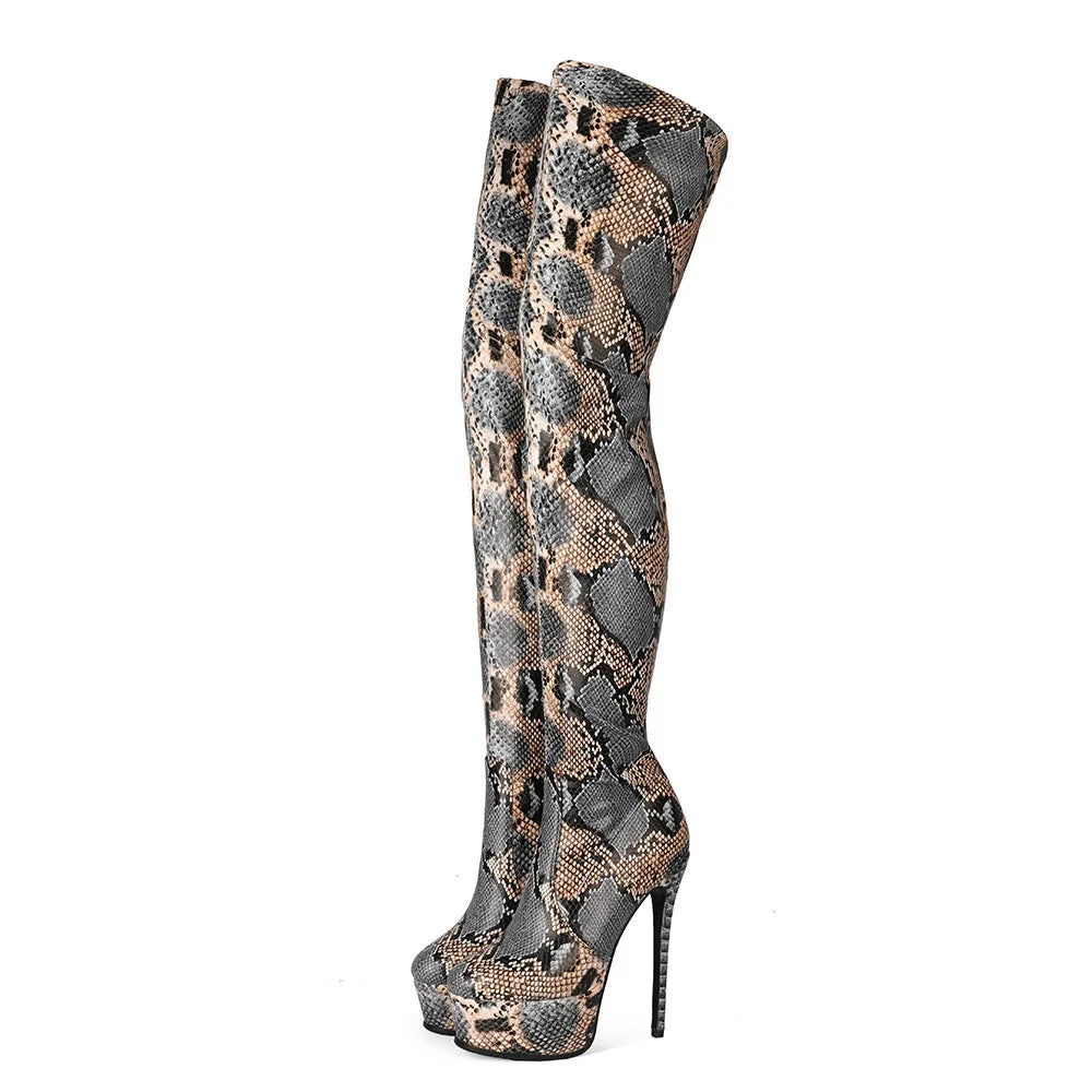 Big Size 48 Fashion Snakeskin Print Women Over Knee Stiletto High Heel Platform Long Boots