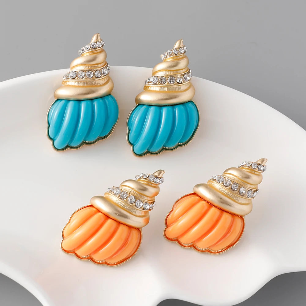 Fashion Blue Oil Dripping Enamel Shell Earrings Rhinestone Resin Conch Stud Earrings for Women