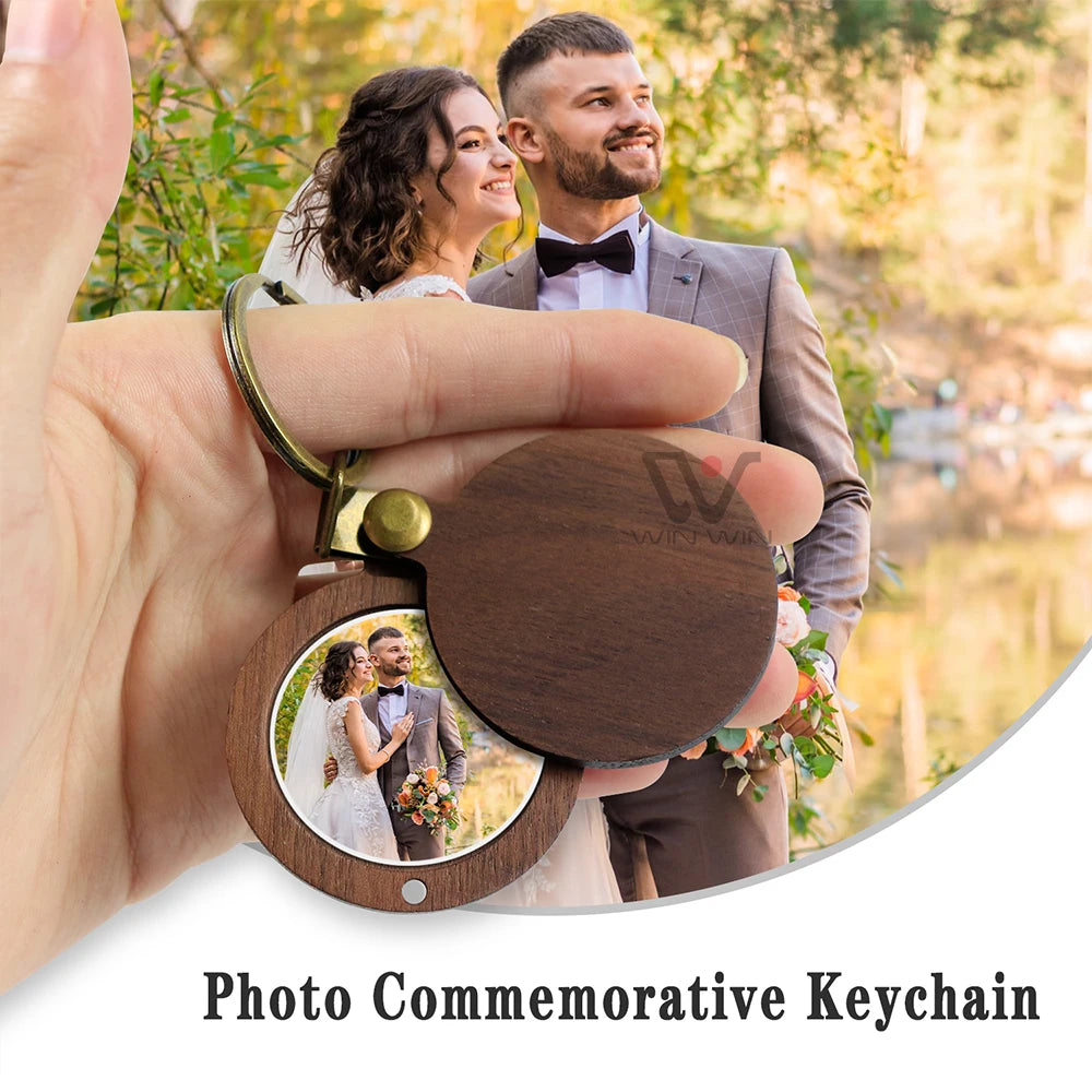 Popular Wooden Round Magnetic Photo Frame Keychain Special Anniversary Gift for Husband Winning Products Keyring Laser Wood