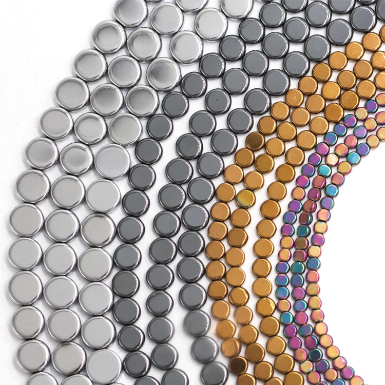 Wholesale Natural Plating Hematite 10mm Bright K White Round Flat Bead for Hematite Bracelet Making