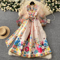 Europe and the United States Retro V-neck Gauze Lantern Sleeve Design Large Swing Print Dress