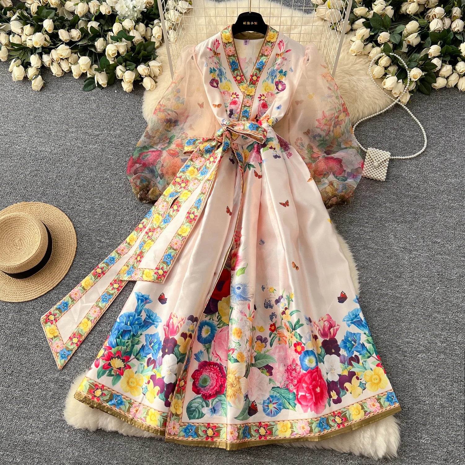 Europe and the United States Retro V-neck Gauze Lantern Sleeve Design Large Swing Print Dress