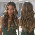 In-stock MOQ1 Brown Long Synthetic Wigs with Blonde Highlights Middle Part for Women Curly Wavy Cosplay Hair Wig