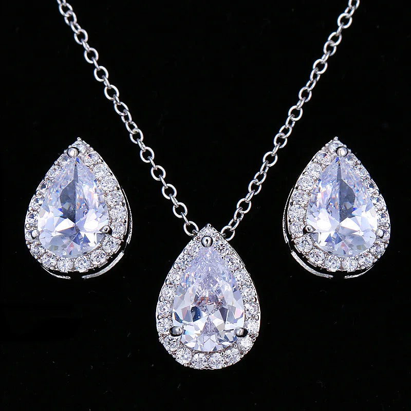 2022 Trendy Bridal Wedding Jewelry Zircon Necklace Stud Earrings Set Classic Water Drop Jewelry Sets for Women