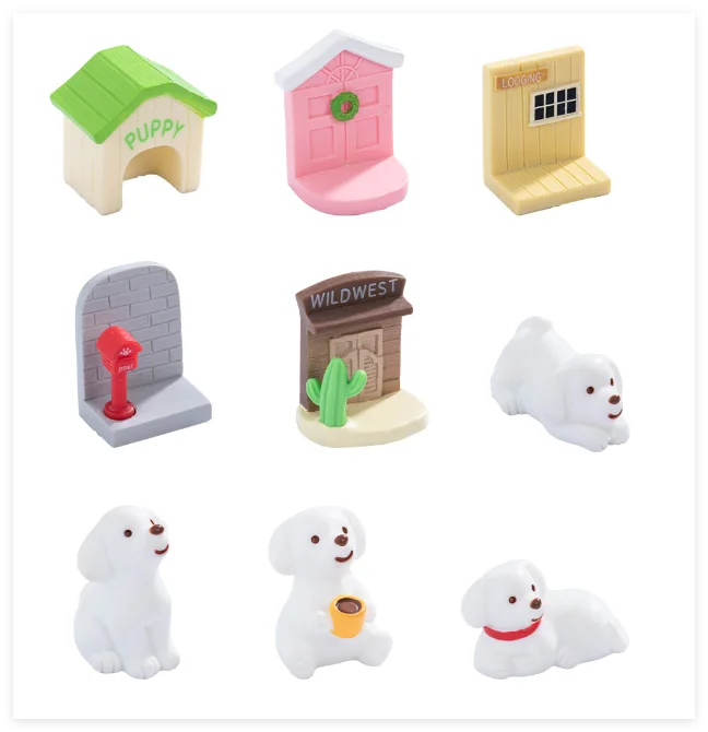 Wholesale Cartoon Figurine Mini Kids Toys Animal Sculpture Art Resin Sand Summer Sleeping Dog Reading Book Surfboard Beer Chair