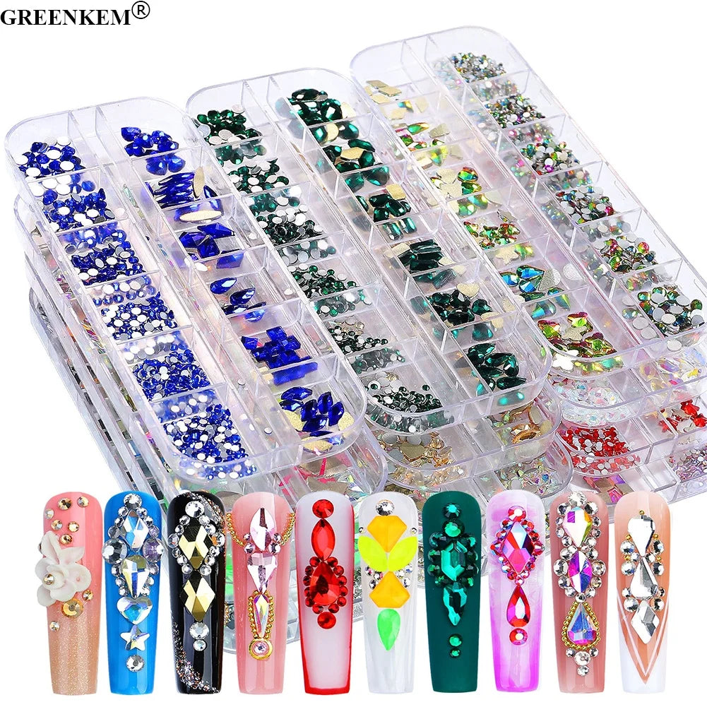 12 Grid Private Label Nail Stone Nail Rhinestones Crystal AB Kit Multi Shape Glass Diamonds Nails Art Rhinestone Decoration