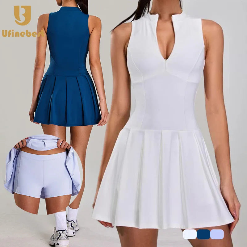 Women's Shorts Gym Sports Zipper Waist Fitness Tennis Dress Two-Piece Tennis Skirt Set Women