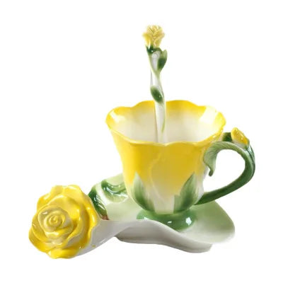3D Rose Design Ceramic Cup Coffee Mug and Saucer Set