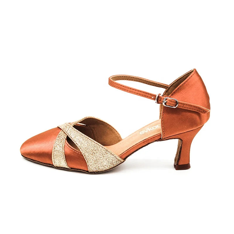 New Arrival Latin Dance Women Sport Shoes 6cm Heel Brown Satin with Glitter Size US 4-12 for Salsa & Ballroom Dance