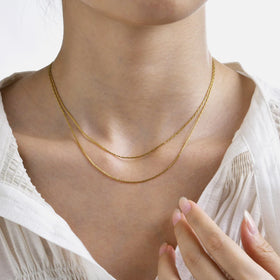Women Simple Gold Plating Two Layers Beads Link Chain Necklace 316L Stainless Steel Chain Stacking Necklace