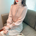 Long Sleeve Wide Floral Print Pearl Chiffon Blouse Stand Collar Casual Office Shirt Anti-Wrinkle Women Autumn 1325#