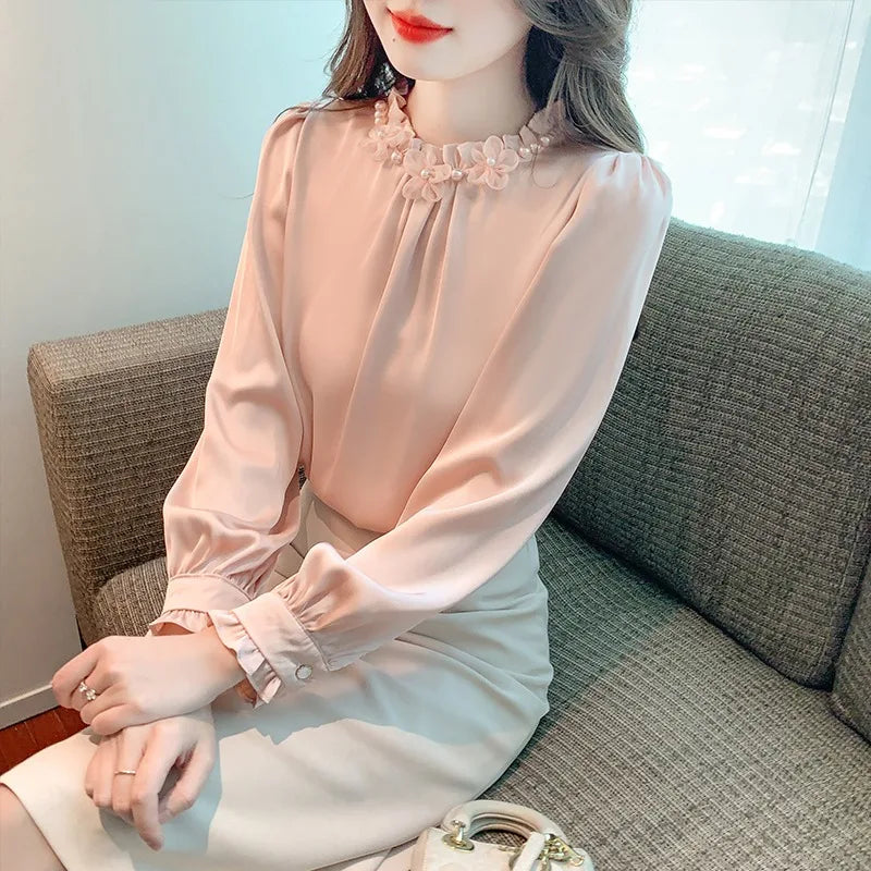 Long Sleeve Wide Floral Print Pearl Chiffon Blouse Stand Collar Casual Office Shirt Anti-Wrinkle Women Autumn 1325#
