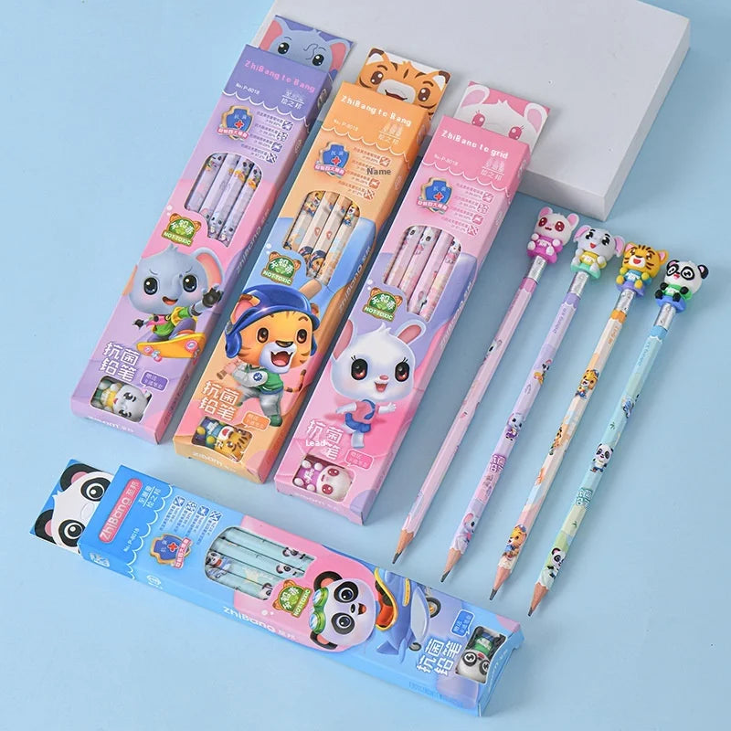 Cartoon Wooden Pencil Box Set 12-Piece ABRAntibacterial Elephant Panda Design HB Lead Hexagonal for Children's Writing Wholesale