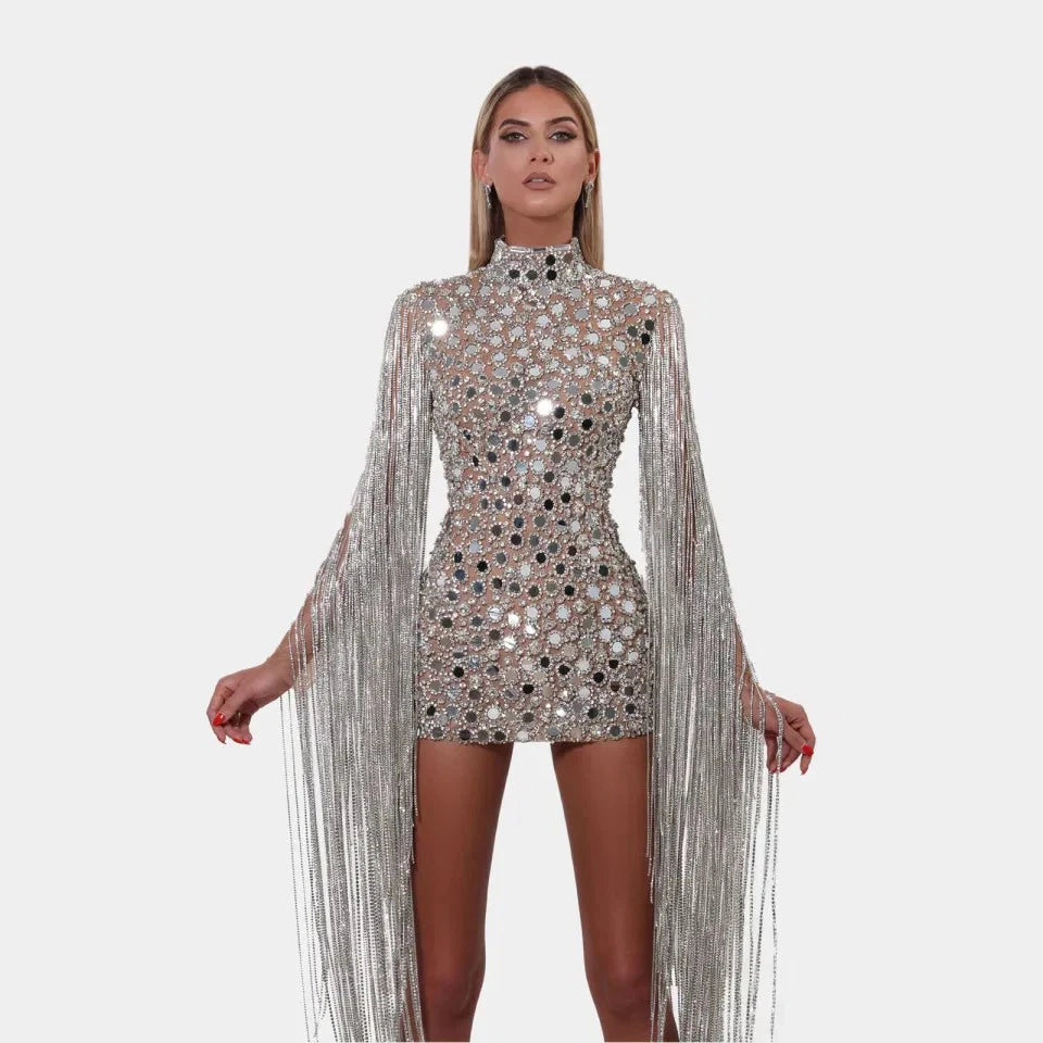 2022 New Arrival Fashion Sexy Sequins Tassel Costume Dress Long Sleeve Lady Glitter Luxury Women Party Dress