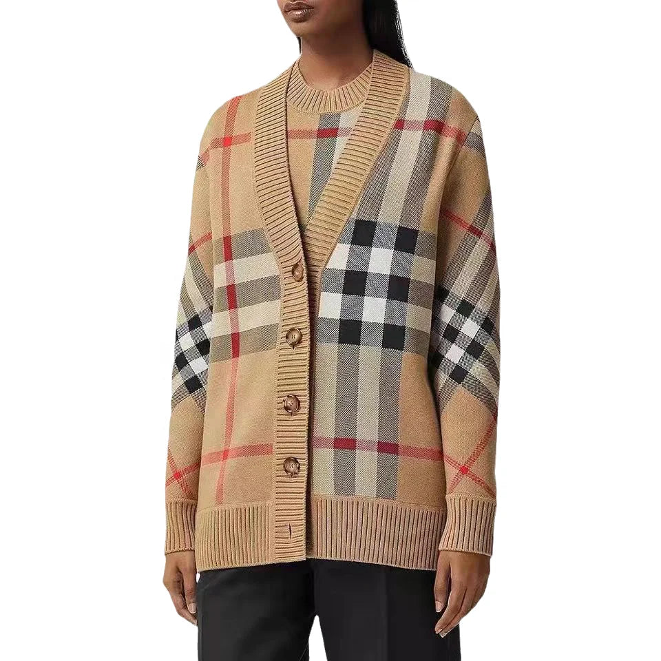 2021 Winter Oversize Sweet Classic Button Knitted Cardigan Sweater V Neck Long Sleeve Checkered Plus Size Single Breasted