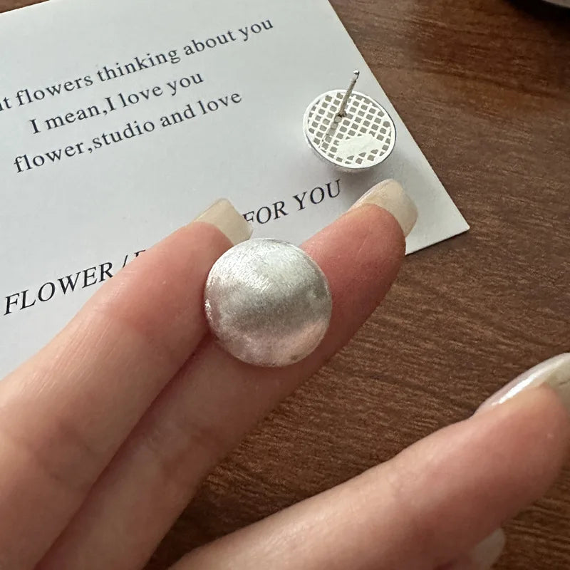 Vintage Brushed 925 Sterling Silver Geometric Round Women Girls Stud Earrings Jewelry