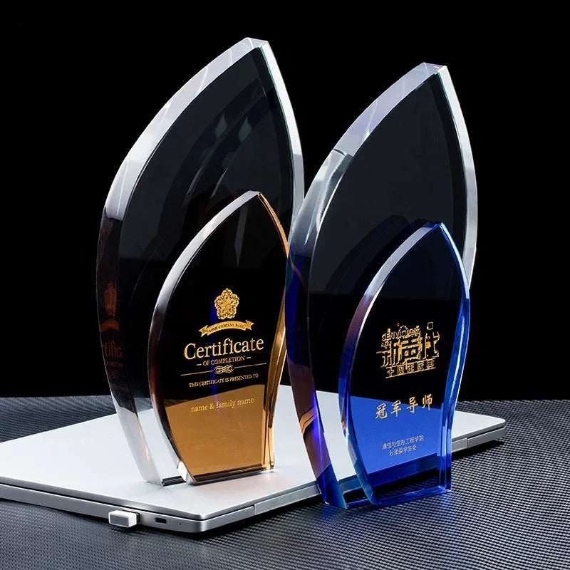 Blue Amber Leaf Shape Optical Crystal Glass Trophy MH-NJ0125