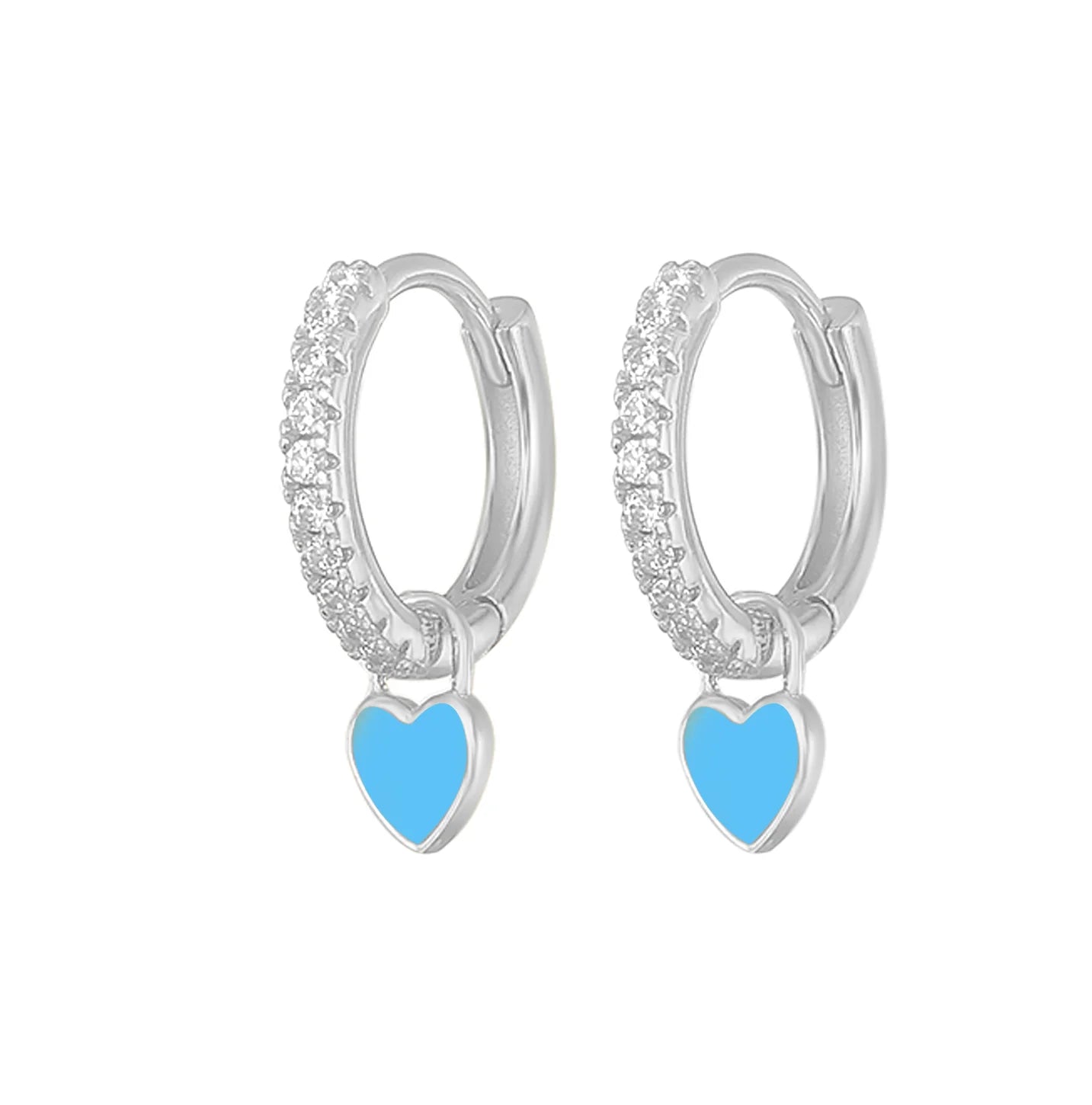 18K Gold Plated Blue Enamel Small Heart Charm Hoop Earring with Pave CZ and Zircon for Weddings Brass Jewelry
