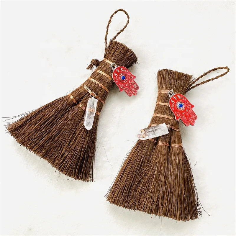 Wholesale Witch Altar Broom With Clear Quartz Pendant Handmade Mane Broomstick for Magic Ceremonial Wall Decor