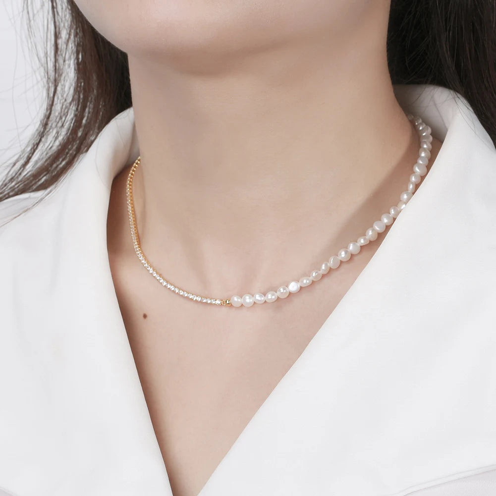 Fine Jewelry 925 Silver Pearl Necklace 925 Sterling Silver Natural Fresh Water Pearl Necklace Zircon Gold Necklace Jewelry Women