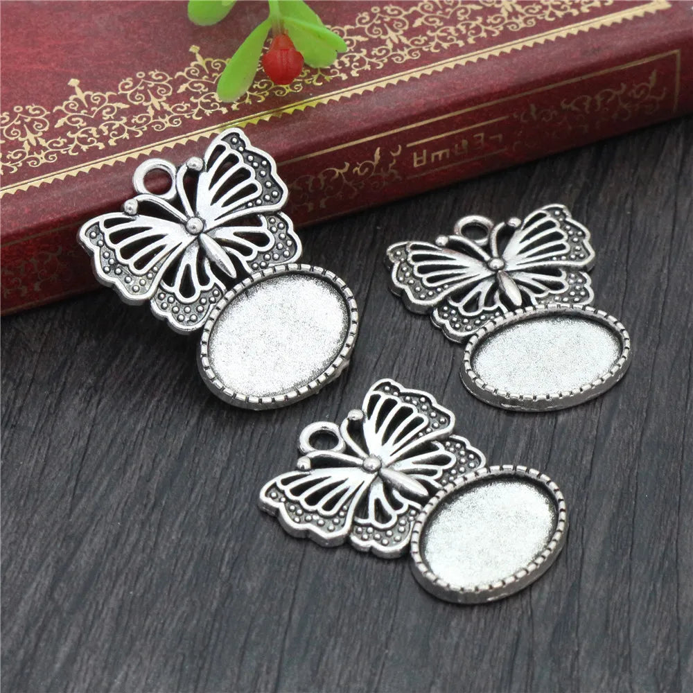 13x18mm Inner Size Antique Silver Plated Butterfly Cameo Cabochon Base Setting Charms Pendant Findings