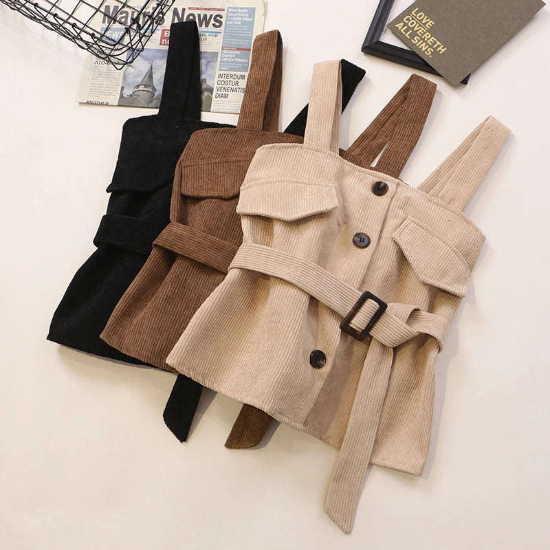Women Vest Jacket New Spring Autumn Clothes Female Tops Coat Korean Sleeveless Slim Belt Corduroy Vest Casual Short Waistcoats