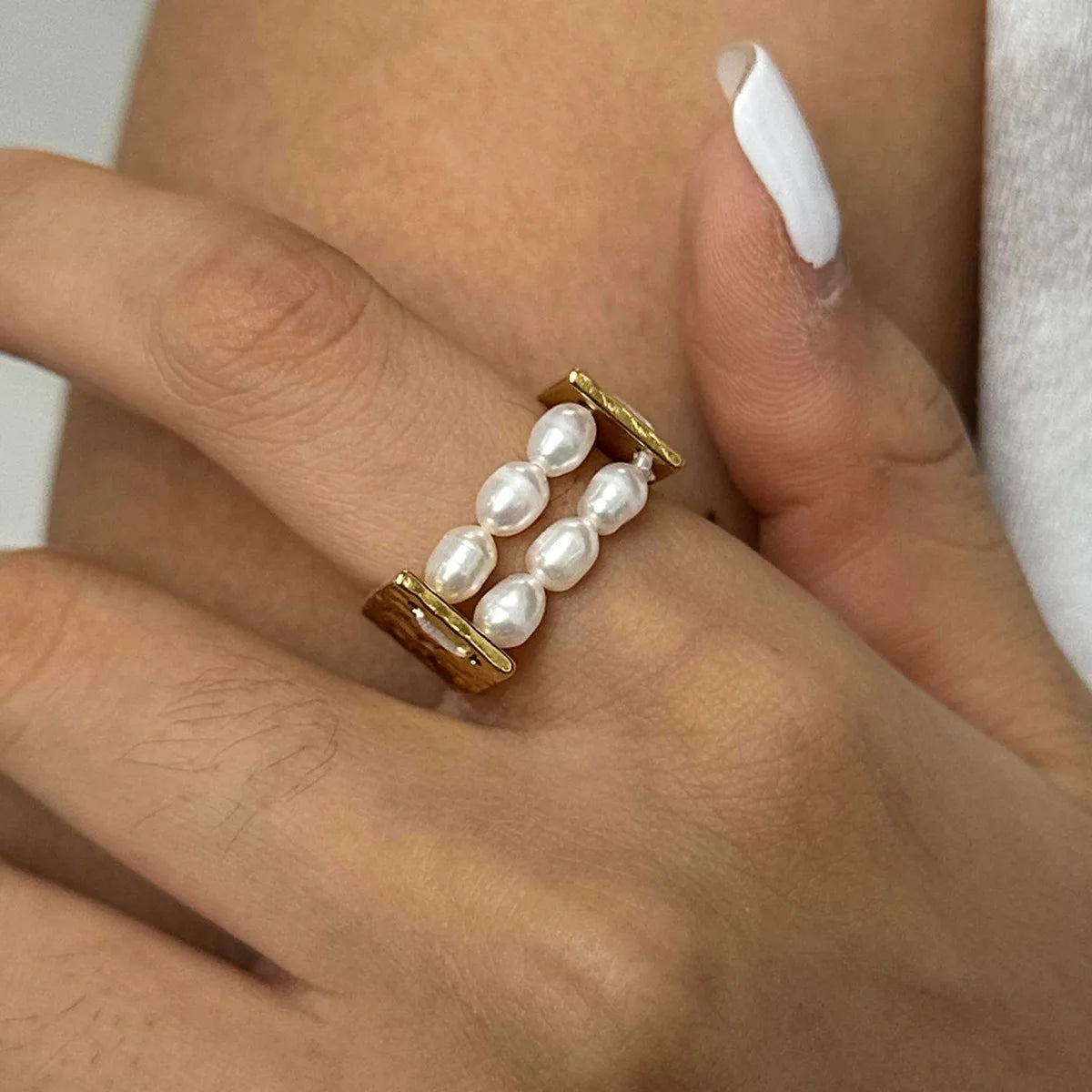 Fine Jewelry Double Rows Freshwater Pearl Simple Irregular Rectangular Rings Jewelry PVD Gold Plated Stainless Steel Rings