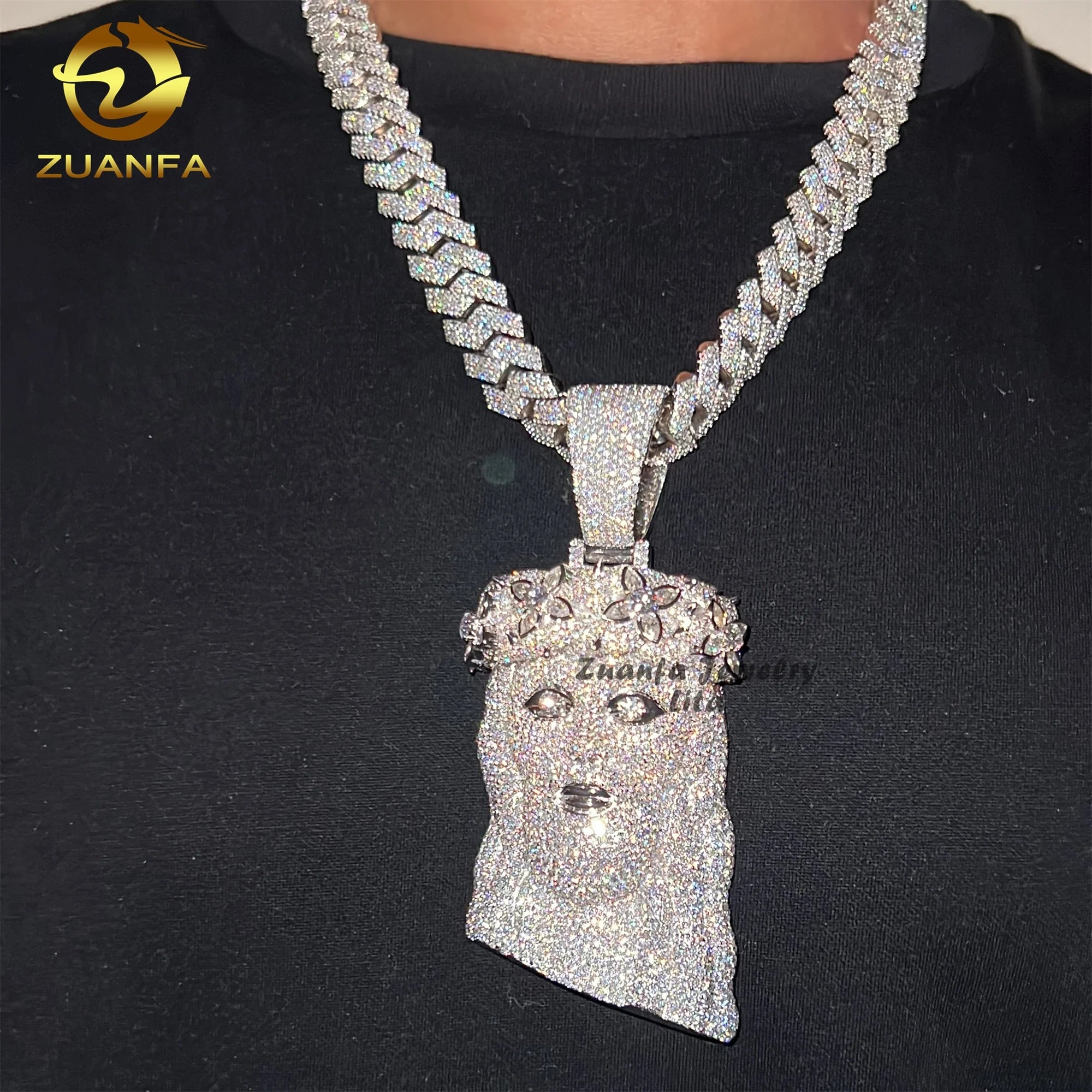 Luxury Rapper Style Hip Hop Flower Bezel 925 Sterling Silver Fully Iced Out Jesus Moissanite Pendant for Men