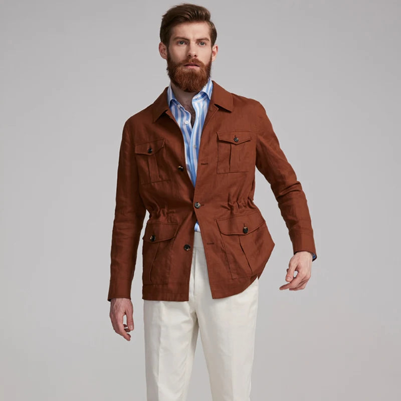 New Retro Style Brown Overalls Jacket Business Casual Men's Lapel Solid Color Retro Jacket