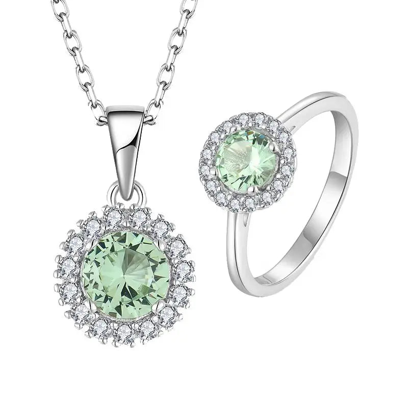 Fashion Charming Green  Stone CZ Flower Gemstone Finger Ring 925 Silver Girls Necklace Jewelry Set