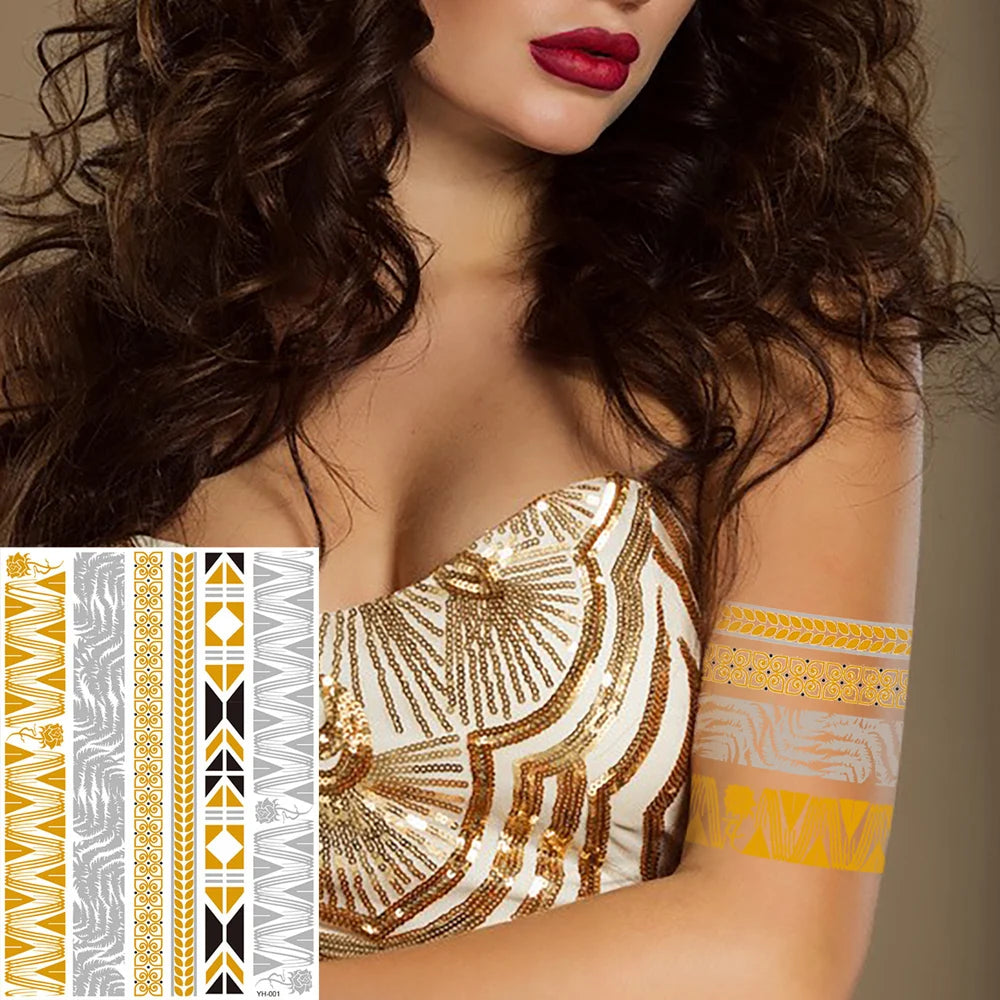 Water Transfer CMYK Printing Temporary Waterproof Full Color Flash Gold Silver Henna Body Art Removable Tattoo Stencil Sticker