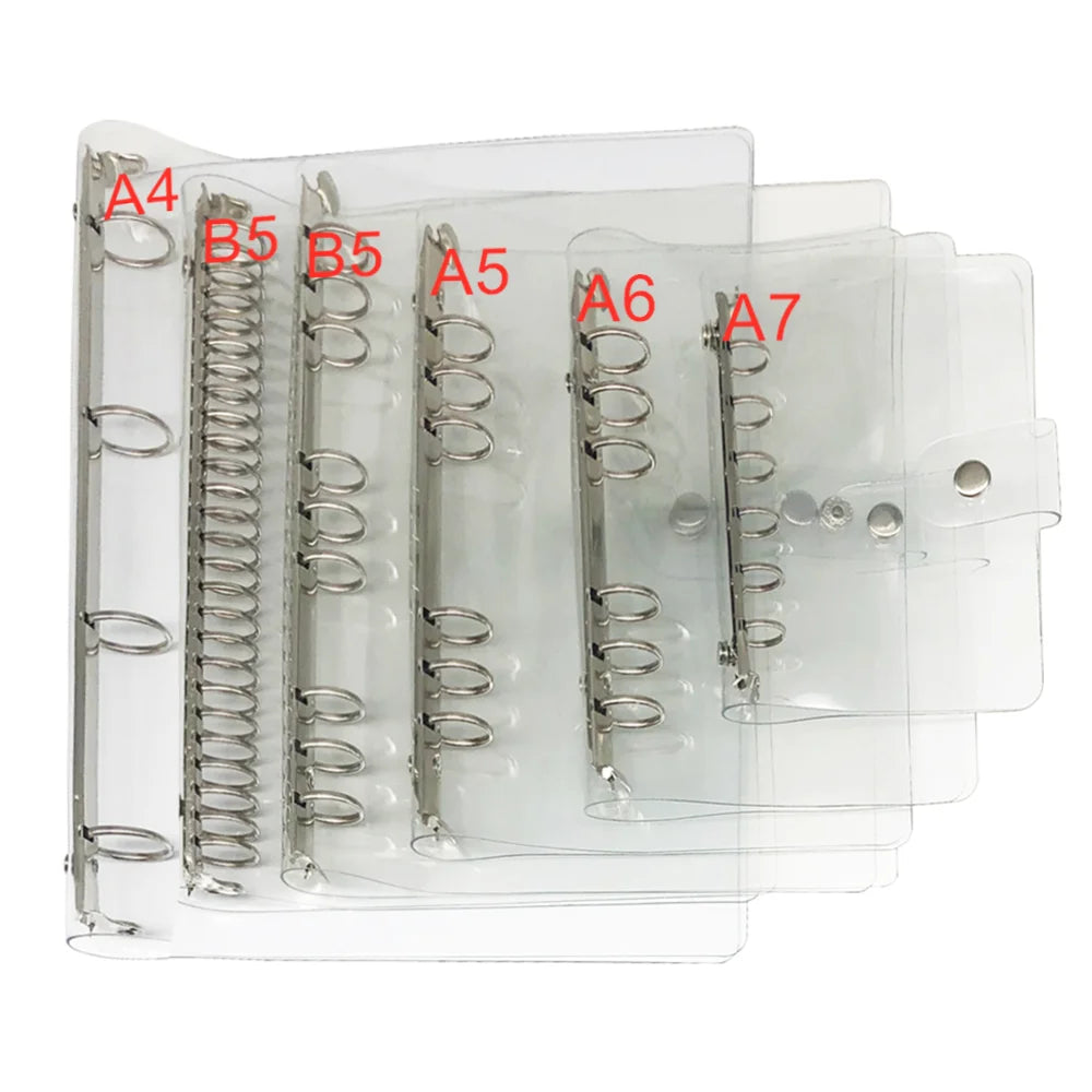 A4 B5 A5 A6 A7 Refillable Traveller Journal Binder Cover Clear PVC Notebook Shell Snap Button Closure 6 Rings Loose Leaf Case