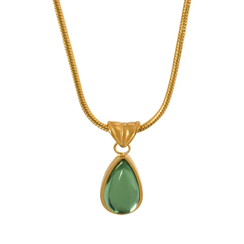 Glass Stone Pendant Necklace Gift Snake Chain Temperament Stainless Steel for Women Water Droplet Shaped Green Blue Opp Bag